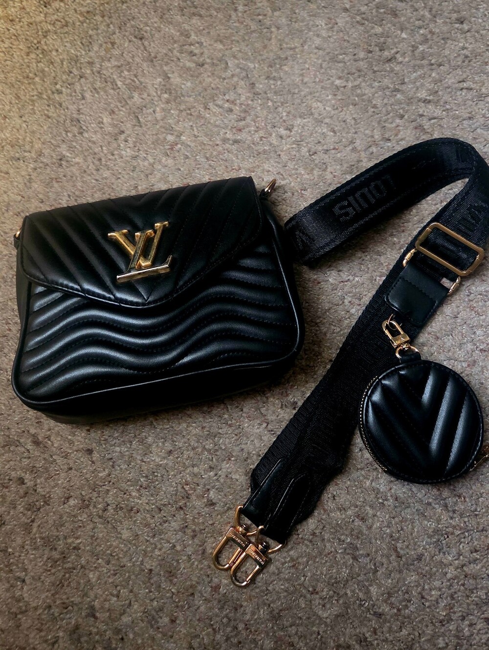 Inspired Black Quilted Crossbody Bag with Coin Pouch